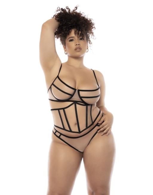 Ensemble 3 pièces noir et chair grande taille, soutien gorge avec armatures, serre taille et string - MAL8848XNUBK Ensemble 3 pièces noir et chair grande taille, soutien gorge avec armatures, serre taille et string - MAL8848XNUBK