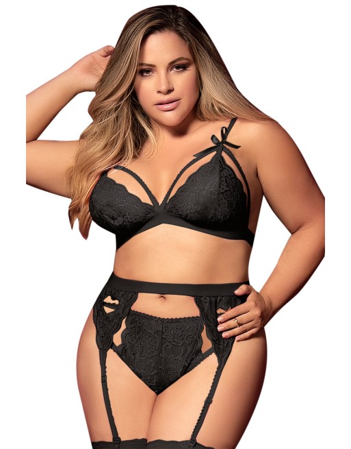 Ensemble 3 pièces noir grande taille soutien-gorge string porte-jarretelles - MAL8221XBLK Ensemble 3 pièces noir grande taille soutien-gorge string porte-jarretelles - MAL8221XBLK