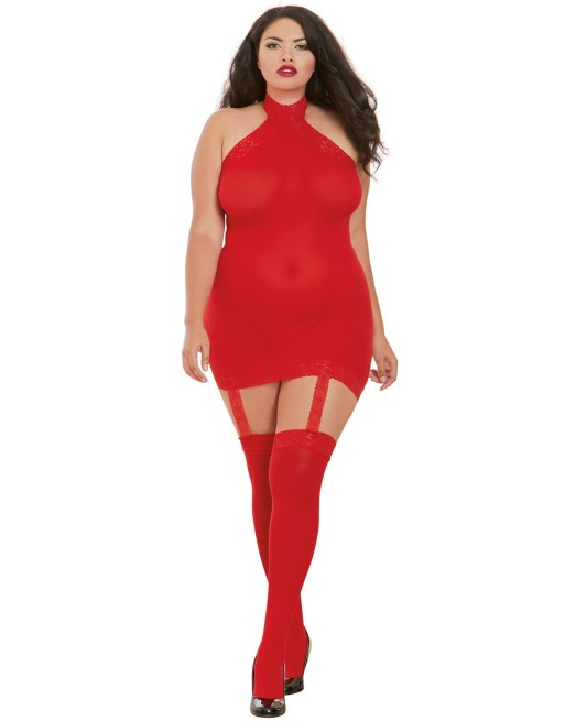 Bodystocking rouge grande taille effet guêpière avec dentelle - DG0035XRED Bodystocking rouge grande taille effet guêpière avec dentelle - DG0035XRED