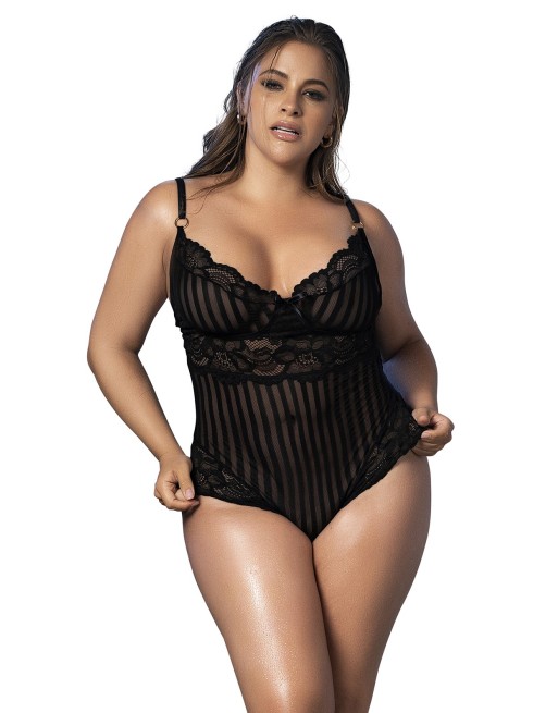 Body dentelle noire, rayé en dentelle et fine résille - MAL8631XBLK Body dentelle noire, rayé en dentelle et fine résille - MAL8631XBLK