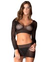 Ensemble noir top court manches longues et mini-jupe ajourés - REN7013-BLK Ensemble noir top court manches longues et mini-jupe ajourés - REN7013-BLK