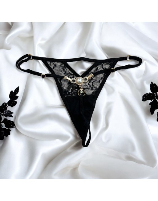 String noir avec bijou perle strass dorés - PA06MBLK String noir avec bijou perle strass dorés - PA06MBLK