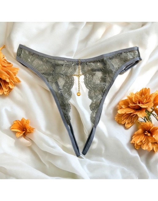 String gris avec bijou couleur aléatoire et chaîne dorée - PA05MGREY String gris avec bijou couleur aléatoire et chaîne dorée - PA05MGREY