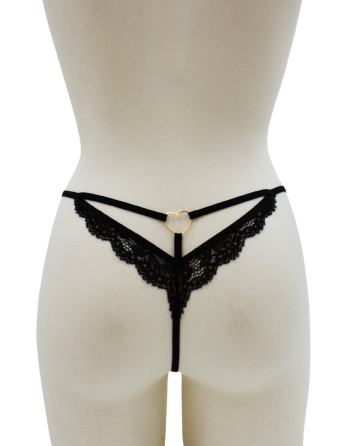 String noir en dentelle avec bijou cœur doré - PA02MBLK