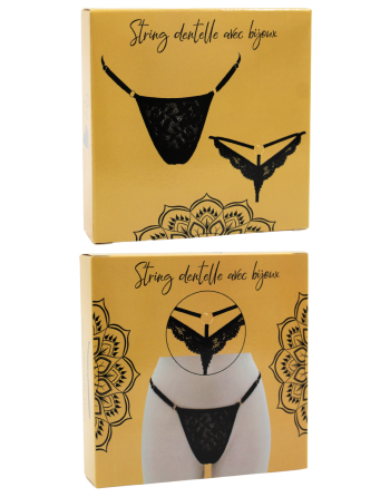String noir en dentelle avec bijou cœur doré - PA02MBLK