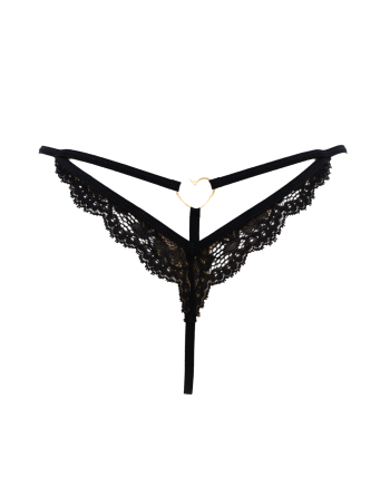 String noir en dentelle avec bijou cœur doré - PA02MBLK