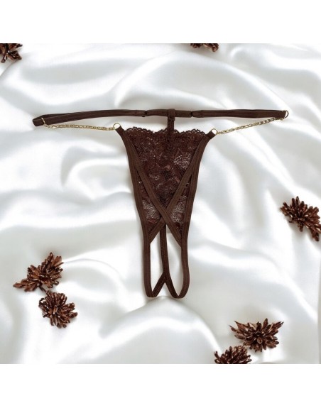 String en dentelle marron ouvert avec chaînes dorées - PA01MBRW
