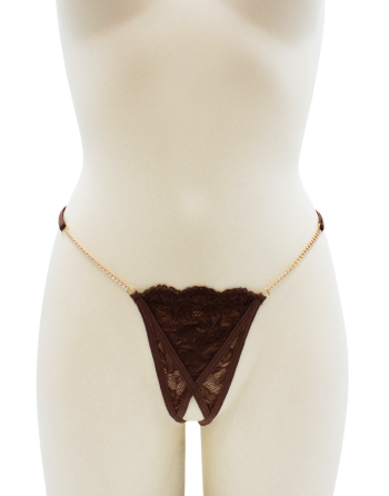 String en dentelle marron ouvert avec chaînes dorées - PA01MBRW
