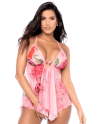 Nuisette résille rose imprimé floral et string - MAL7607BLPD