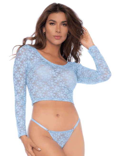 Ensemble 2 pièces en dentelle bleue pastel, crop top et string - MAL8918LBLU Ensemble 2 pièces en dentelle bleue pastel, crop top et string - MAL8918LBLU