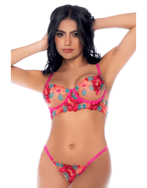 Ensemble 2 pièces résille brodée rose et bleue, soutien gorge et string - MAL8927SEGA