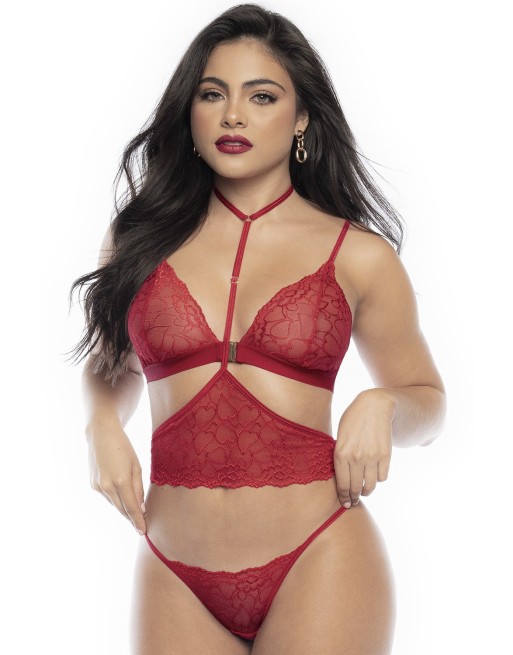 Ensemble lingerie trois pièces en dentelle rouge imprimée de cœurs - MAL8813RED Ensemble lingerie trois pièces en dentelle rouge imprimée de cœurs - MAL8813RED