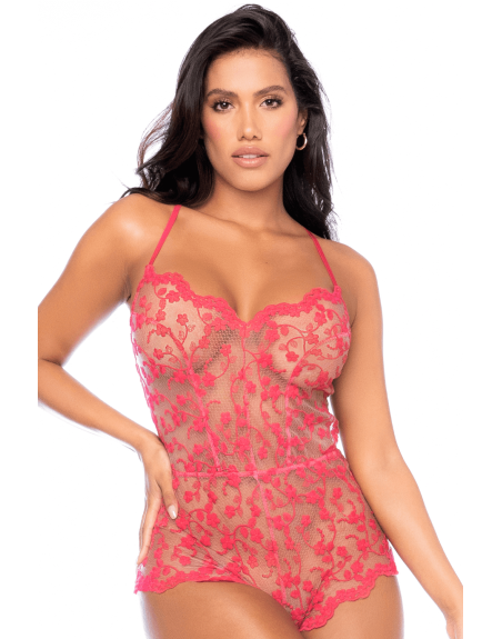 Combishort en dentelle transparente couleur cerise - MAL7543CHRY