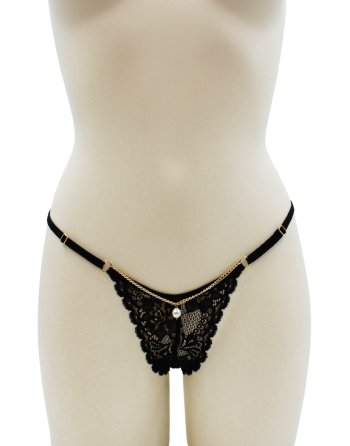 String noir en dentelle avec bijou et chaîne dorée - PM06G-BBLK