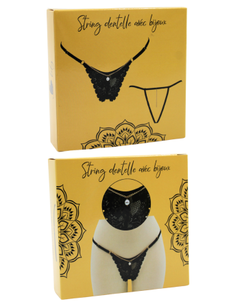 String noir en dentelle avec bijou et chaîne dorée - PM06G-BBLK