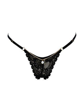 String noir en dentelle avec bijou et chaîne dorée - PM06G-BBLK