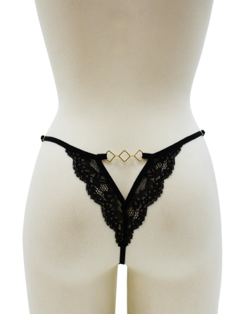 Tanga noir en dentelle avec bijou losanges dorés - PM01GBLK