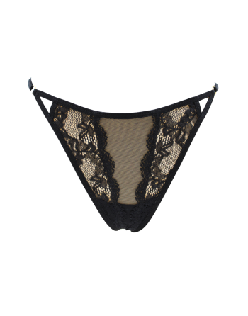 Tanga noir en dentelle avec bijou losanges dorés - PM01GBLK