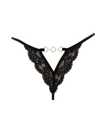 Tanga noir en dentelle avec bijou losanges dorés - PM01GBLK
