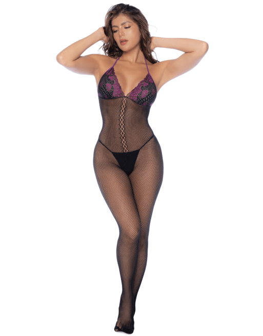 Combinaison en résille et dentelle noire et violette - MAL1122BKPU