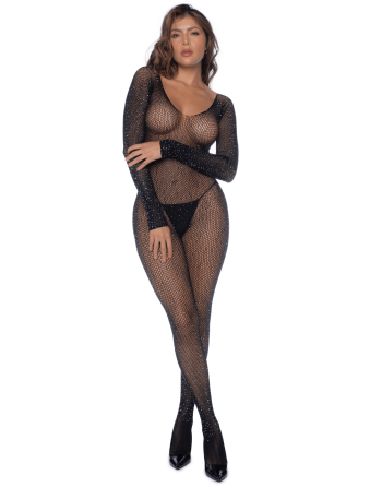 Combinaison noire en résille ornée de strass - MAL1131BKRH