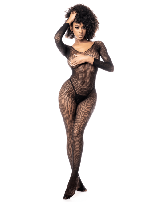 Combinaison manches longues en résille noire - MAL1102BLK