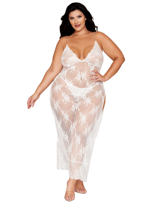Nuisette longue blanche grande taille en dentelle florale, string assorti - DG13667XWHT Nuisette longue blanche grande taille en dentelle florale, string assorti - DG13667XWHT