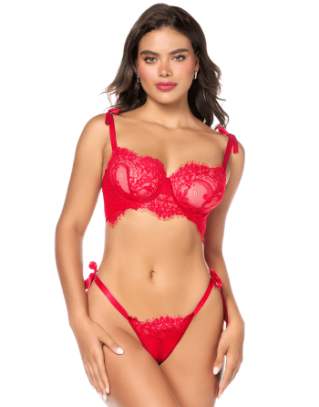 Ensemble sexy 2 pièces en dentelle avec liens à nouer et string - MAL8968RED