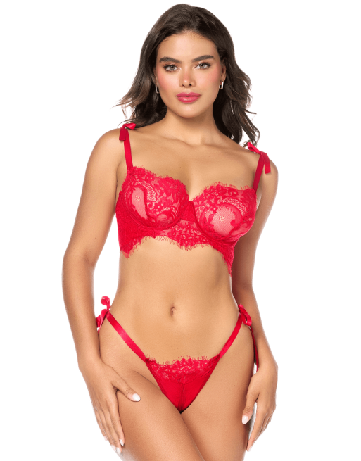 Ensemble sexy 2 pièces en dentelle avec liens à nouer et string - MAL8968RED Ensemble sexy 2 pièces en dentelle avec liens à nouer et string - MAL8968RED