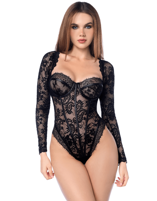 Body sexy manches longues en dentelle gothique et détails effet cuir - MAL8957BLK Body sexy manches longues en dentelle gothique et détails effet cuir - MAL8957BLK