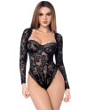 Body sexy manches longues en dentelle gothique et détails effet cuir - MAL8957BLK