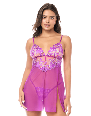 Babydoll sexy en résille brodée florale et string - MAL7614AZAL