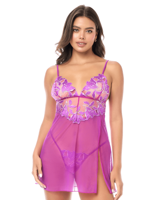 Babydoll sexy en résille brodée florale et string - MAL7614AZAL Babydoll sexy en résille brodée florale et string - MAL7614AZAL