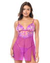 Babydoll sexy en résille brodée florale et string - MAL7614AZAL