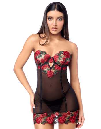 Babydoll sexy à armatures Mapalé broderie roses et string - MAL7619BKRD