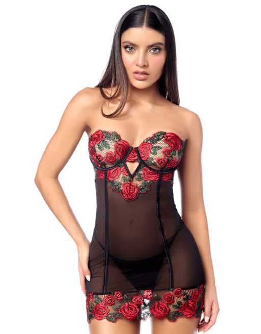 Babydoll sexy à armatures Mapalé broderie roses et string - MAL7619BKRD Babydoll sexy à armatures Mapalé broderie roses et string - MAL7619BKRD