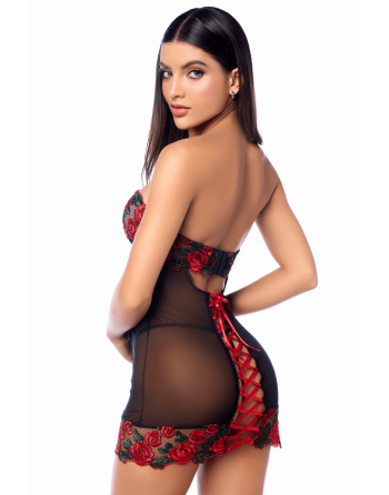 Babydoll sexy à armatures Mapalé broderie roses et string - MAL7619BKRD