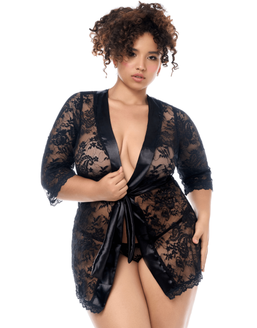 Peignoir en dentelle grande taille Mapalé avec string assorti - MAL7618XBLK Peignoir en dentelle grande taille Mapalé avec string assorti - MAL7618XBLK