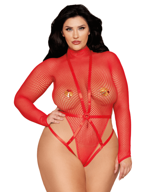 Ensemble 2 pièces grande taille, bodystring résille rouge et harnais - DG13680XRED Ensemble 2 pièces grande taille, bodystring résille rouge et harnais - DG13680XRED