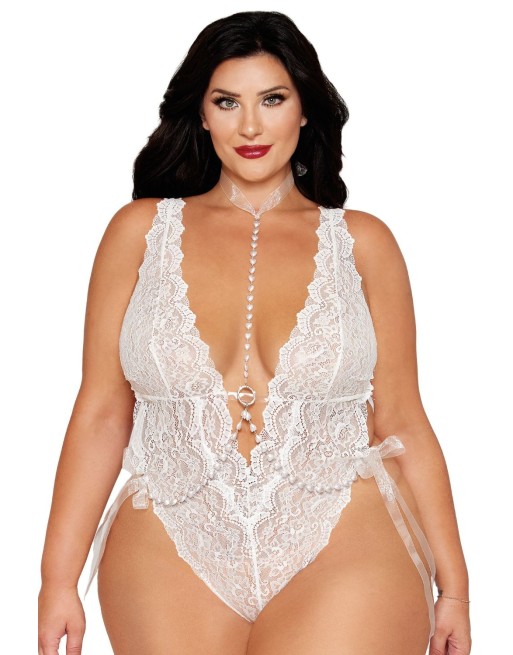 Ensemble 2 pièces grande taille, body dentelle blanc et chainettes bijou de corps perles blanches - DG13697XWHT Ensemble 2 pièces grande taille, body dentelle blanc et chainettes bijou de corps perles blanches - DG13697XWHT
