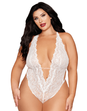 Ensemble 2 pièces grande taille, body dentelle blanc et chainettes bijou de corps perles blanches - DG13697XWHT